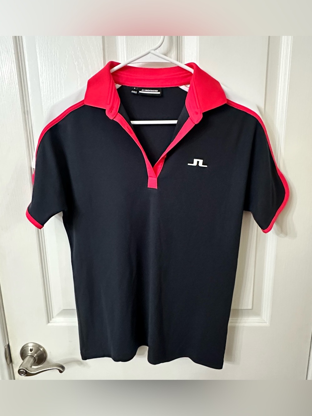 J.Lindeberg Beatrix Golf Polo Shirt Navy Blue Fuchsia Pink Trim Size Small